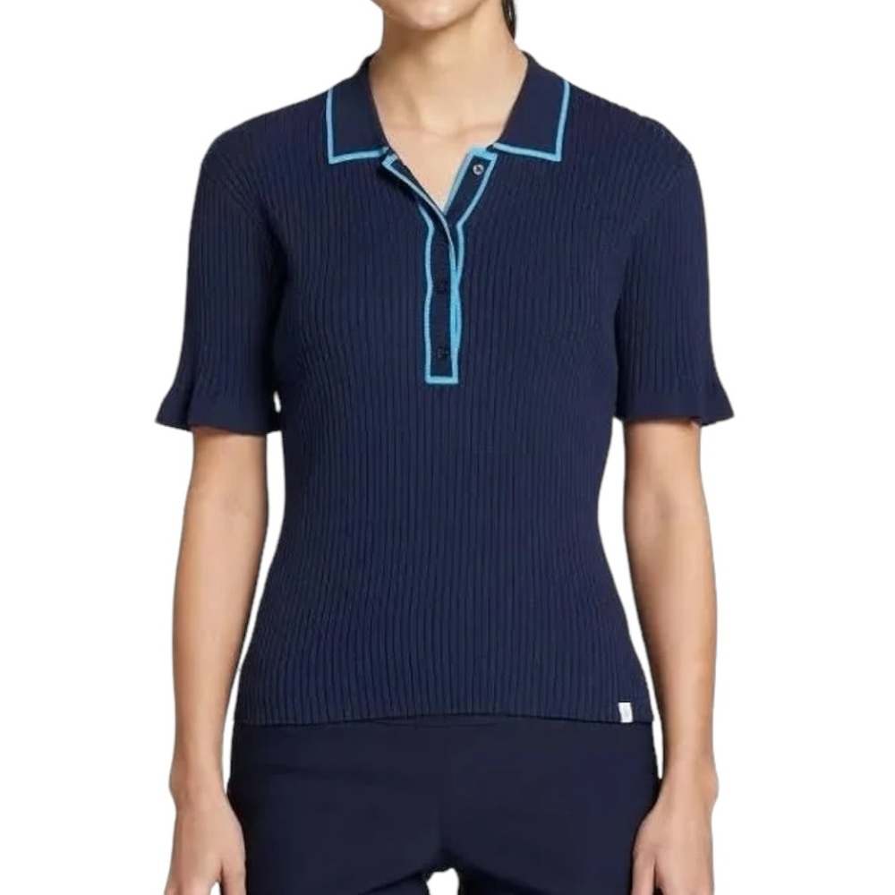 Walter Hagen Navy Short Sleeve V-Neck Polo Sweater with Light Blue Trim
